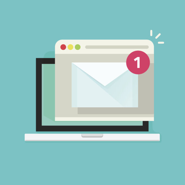 Laptop with browser and envelope illustration, symbol of email receiving, service, notification, electronic mail, new message, flat cartoon design isolated on blue image